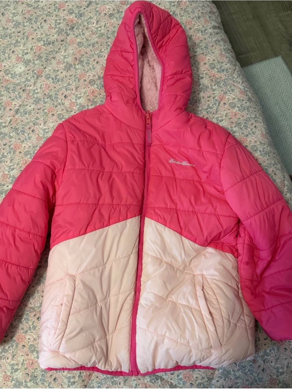 Reversible Eddie Bauer Girls' Two-Tone Pink Hooded Puffer Jacket